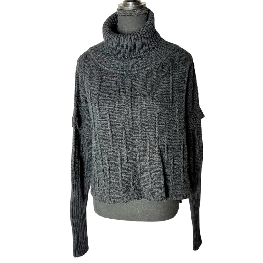 SARAH PACINI Black Jacquard Knit Crop Turtleneck Sweater Merino Wool Alpaca O/S